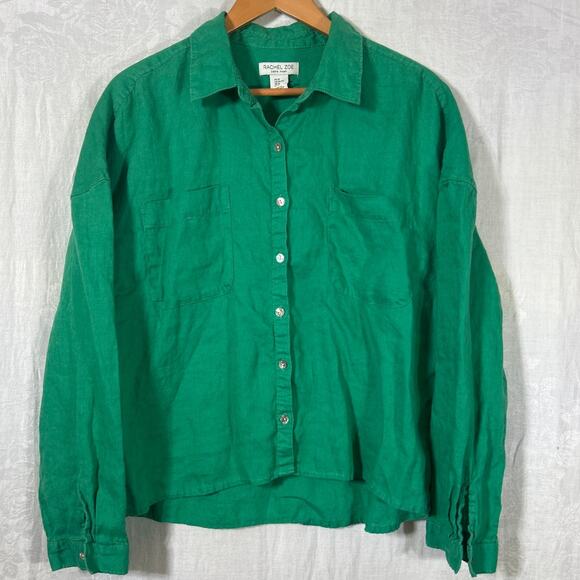 Rachel Zoe Button Up XL Kelly Green 100% Linen Cropped Long Sleeve Boxy - Picture 1 of 10